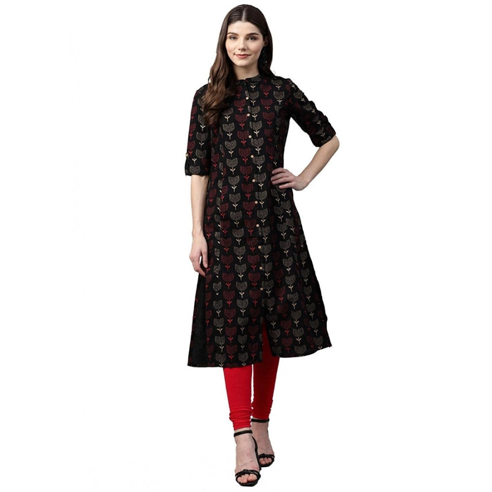 Graceful Women's Cotton Printed A Line Kurti (Black, Cotton)