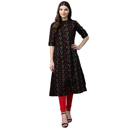 Graceful Women's Cotton Printed A Line Kurti (Black, Cotton)