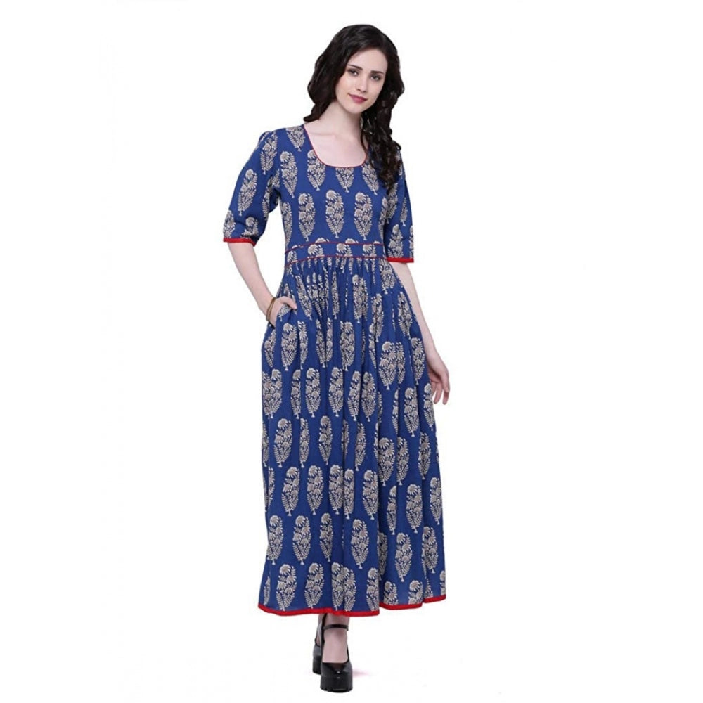Luxurious Women's Cotton Printed Anarkali Kurti (Blue, Cotton)