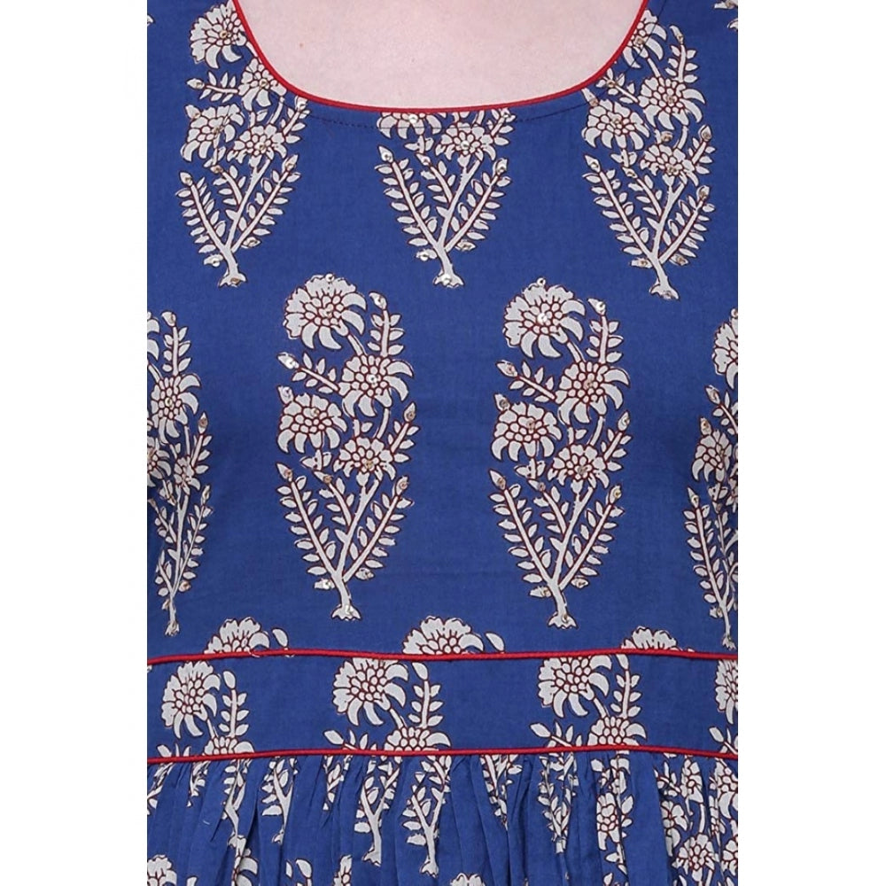 Luxurious Women's Cotton Printed Anarkali Kurti (Blue, Cotton)