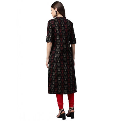 Graceful Women's Cotton Printed A Line Kurti (Black, Cotton)