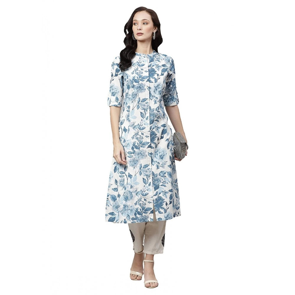 Elegant Women's Cotton Printed Floral Print Kurti (White, Blue, Cotton)