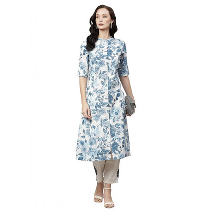 Elegant Women's Cotton Printed Floral Print Kurti (White, Blue, Cotton)