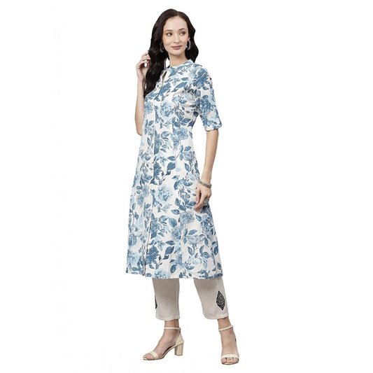 Elegant Women's Cotton Printed Floral Print Kurti (White, Blue, Cotton)