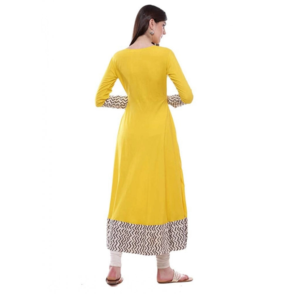 Embellished Women's Rayon Printed Solid Anarkali Kurti (Yellow, Rayon)