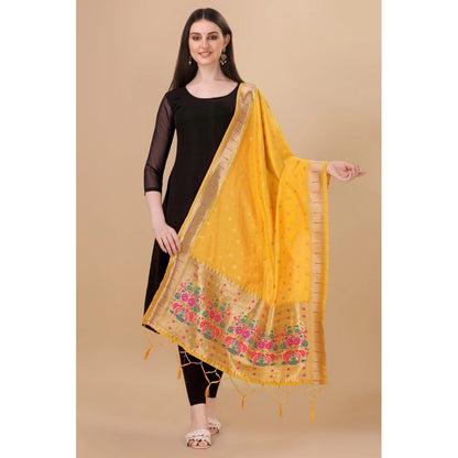 Generic Women's Silk Pure Zari weaving Duppatta (Yellow, Length: 2-2.3 Mtrs)
