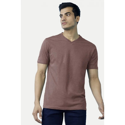 Generic Men's��Casual Half sleeve Solid��Cotton V Neck T-shirt (Light Brown)