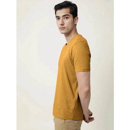 Generic Men's��Casual Half sleeve Solid��Cotton V Neck T-shirt (Mustard��)