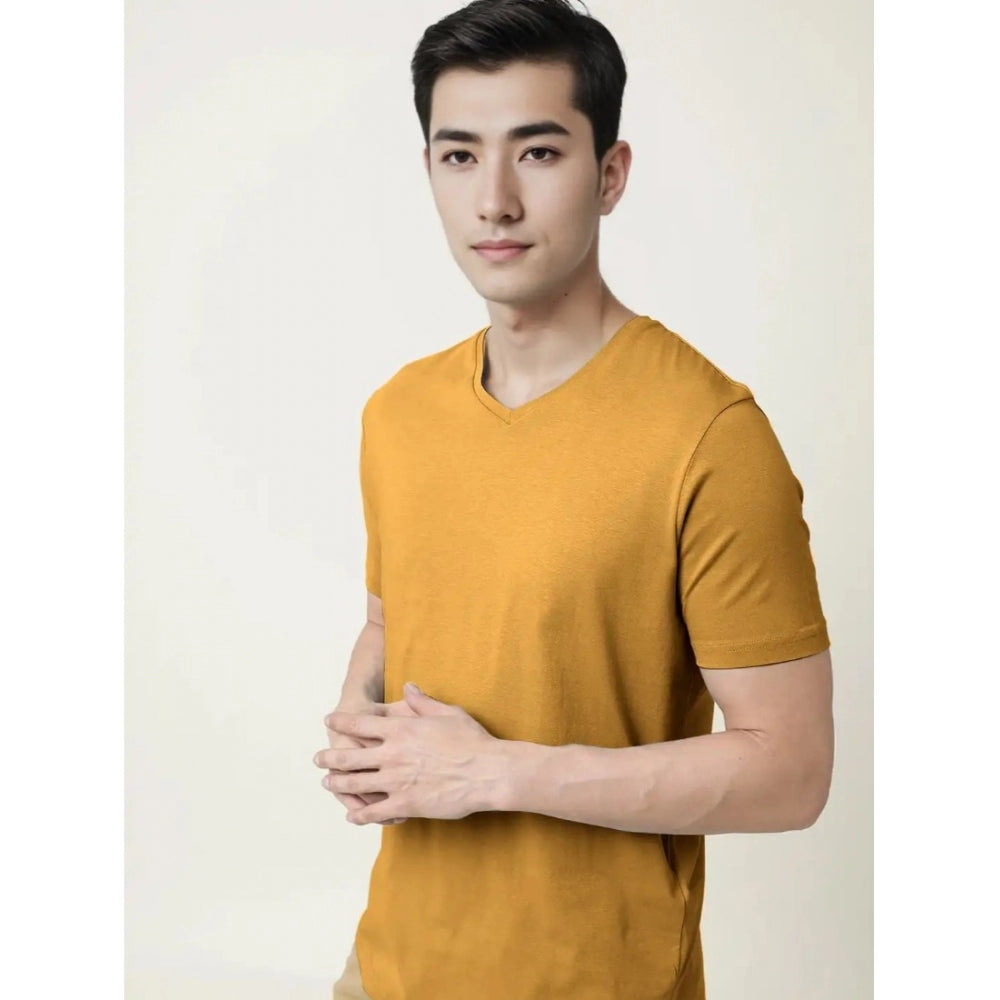Generic Men's��Casual Half sleeve Solid��Cotton V Neck T-shirt (Mustard��)