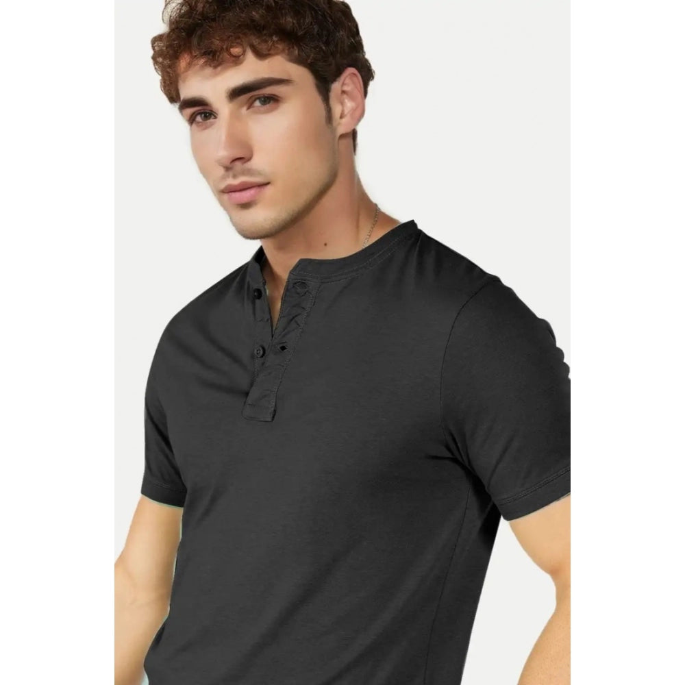 Generic Men's��Casual Half sleeve Solid��Cotton Henley Neck T-shirt (Black)