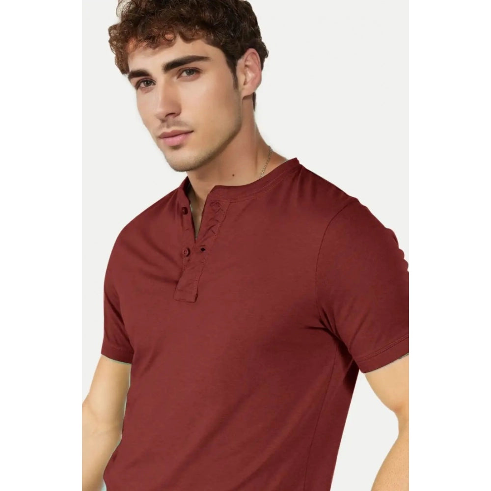 Generic Men's��Casual Half sleeve Solid��Cotton Henley Neck T-shirt (Maroon)