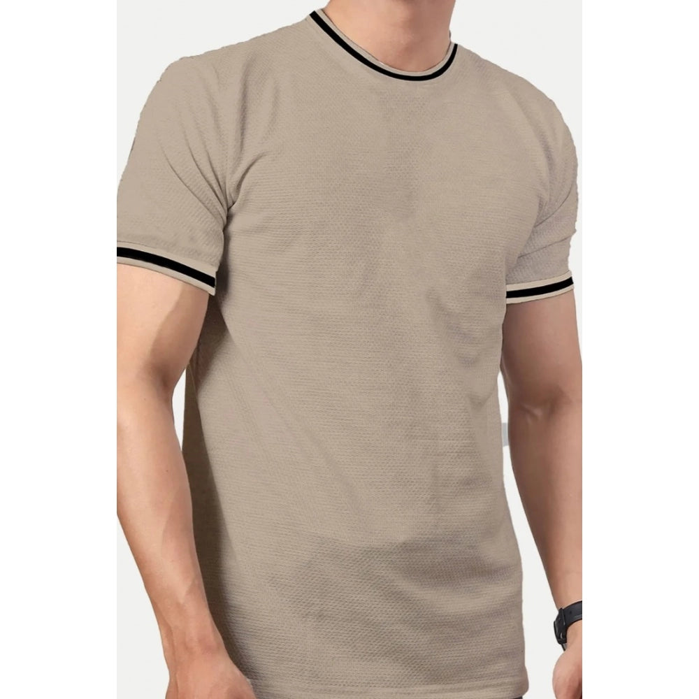 Generic Men's��Casual Half sleeve Solid��Polyester Crew Neck T-shirt (Beige)