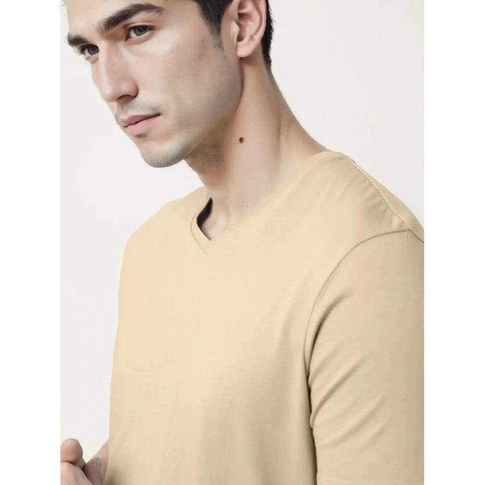 Generic Men's��Casual Half sleeve Solid��Cotton V Neck T-shirt (Beige)