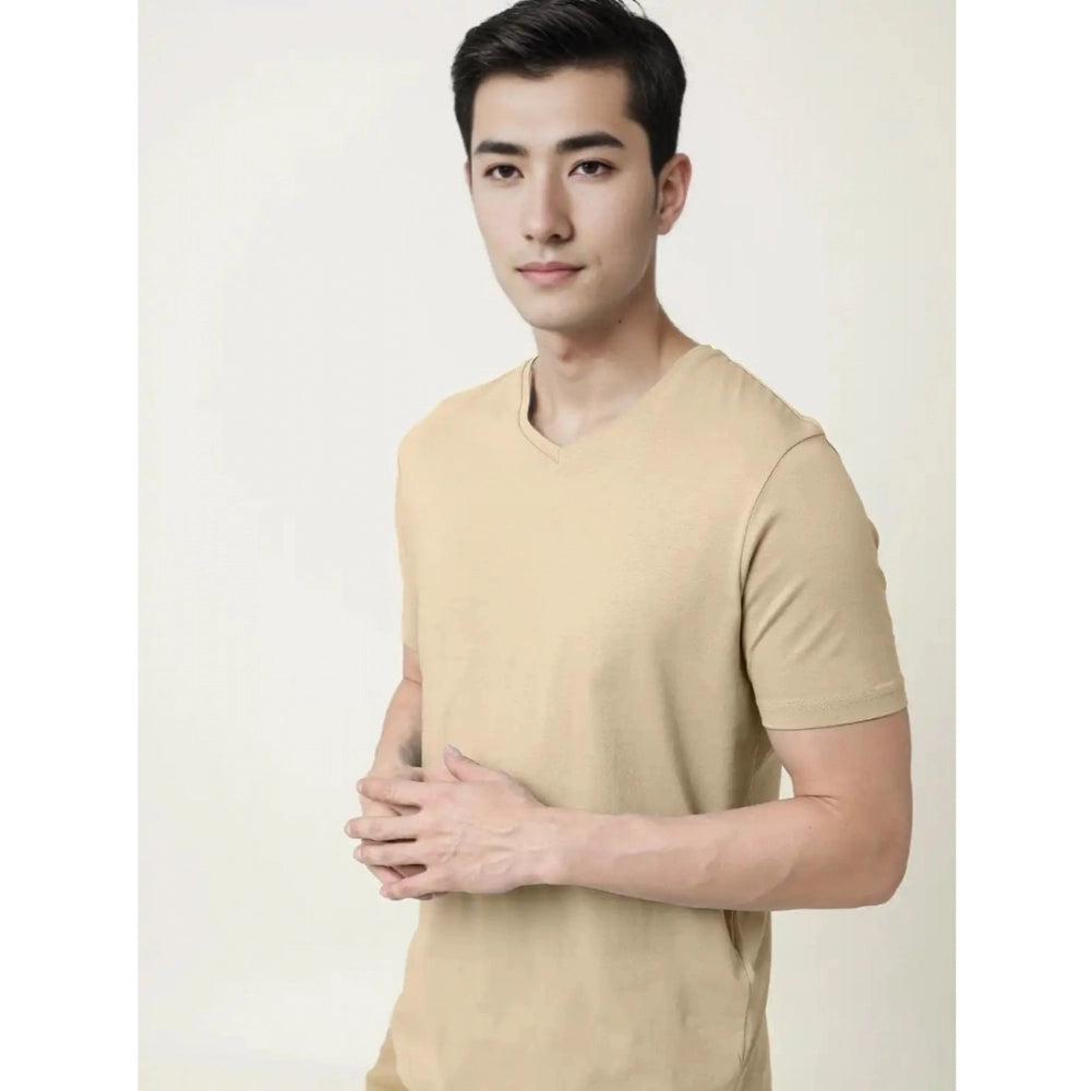 Generic Men's��Casual Half sleeve Solid��Cotton V Neck T-shirt (Beige)
