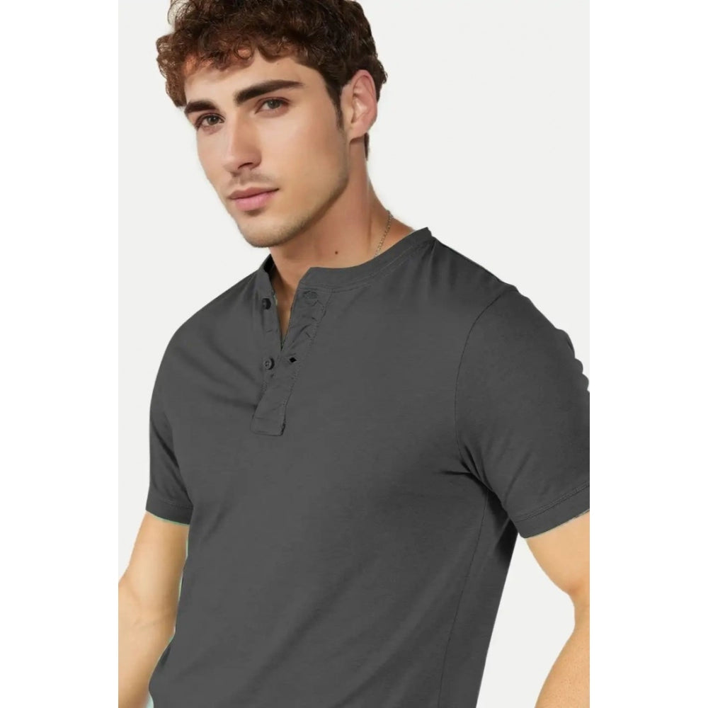Generic Men's��Casual Half sleeve Solid��Cotton Henley Neck T-shirt (Dark Grey)