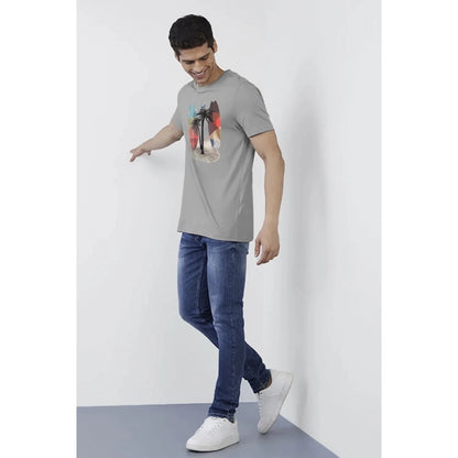 Generic Men's��Casual Half sleeve Printed Polyester Crew Neck T-shirt (Grey)