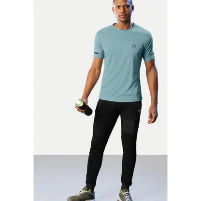 Generic Men's��Casual Half sleeve Solid��Polyester Crew Neck T-shirt (Turquoise Blue)