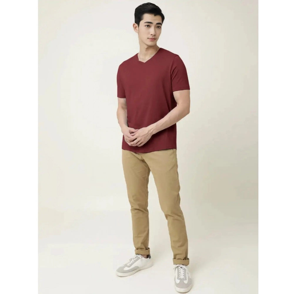 Generic Men's��Casual Half sleeve Solid��Cotton V Neck T-shirt (Maroon)