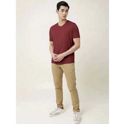Generic Men's��Casual Half sleeve Solid��Cotton V Neck T-shirt (Maroon)