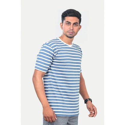 Generic Men's��Casual Half sleeve Stripped Cotton Crew Neck T-shirt (Blue)