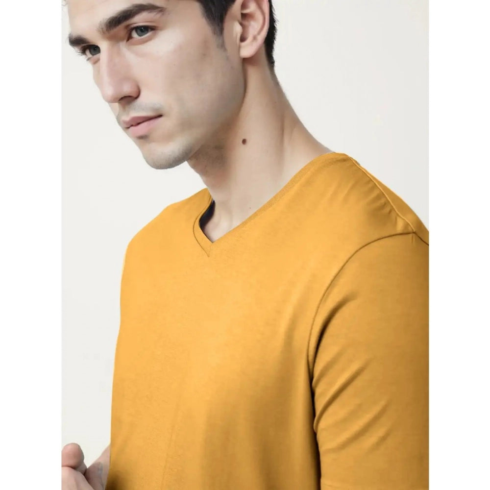 Generic Men's��Casual Half sleeve Solid��Cotton V Neck T-shirt (Mustard��)