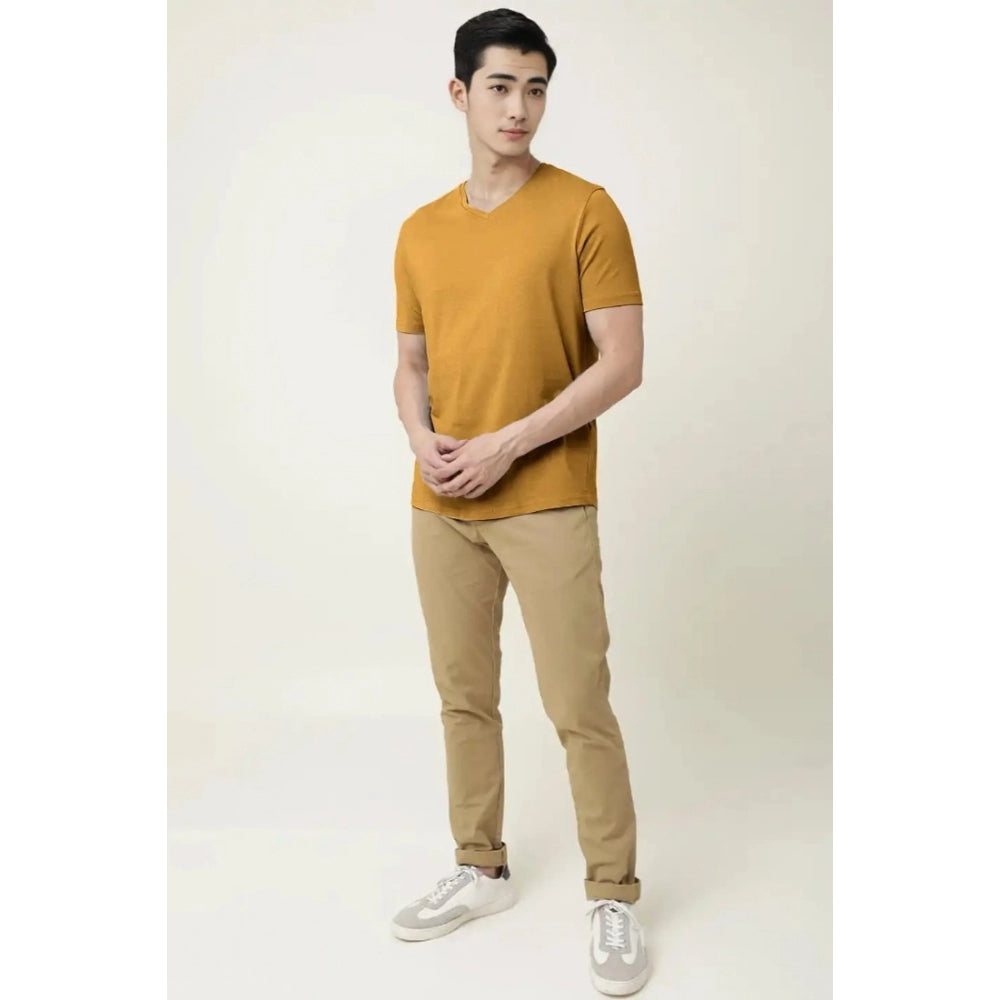Generic Men's��Casual Half sleeve Solid��Cotton V Neck T-shirt (Mustard��)