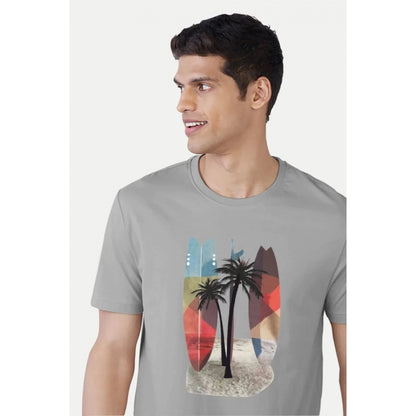 Generic Men's��Casual Half sleeve Printed Polyester Crew Neck T-shirt (Grey)