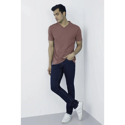 Generic Men's��Casual Half sleeve Solid��Cotton V Neck T-shirt (Light Brown)