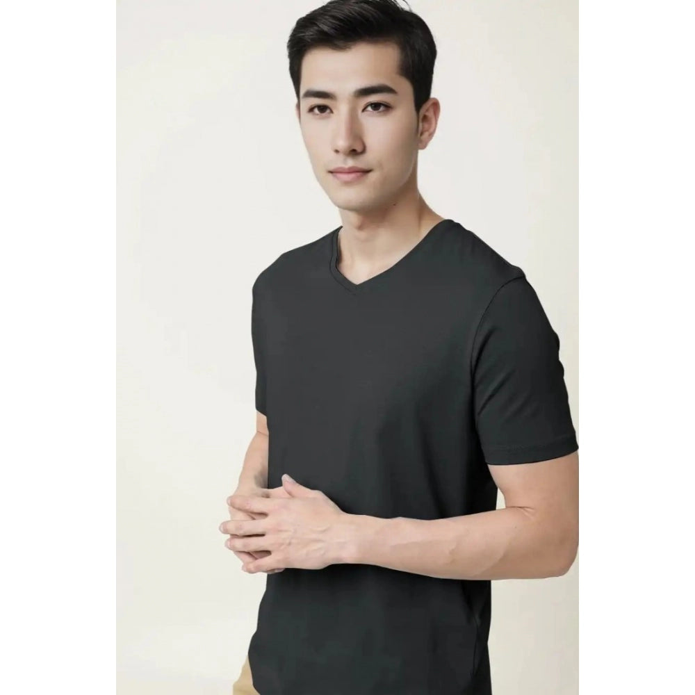 Generic Men's��Casual Half sleeve Solid��Cotton V Neck T-shirt (Black)