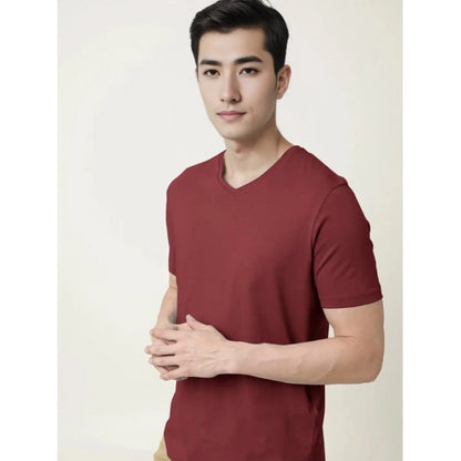 Generic Men's��Casual Half sleeve Solid��Cotton V Neck T-shirt (Maroon)