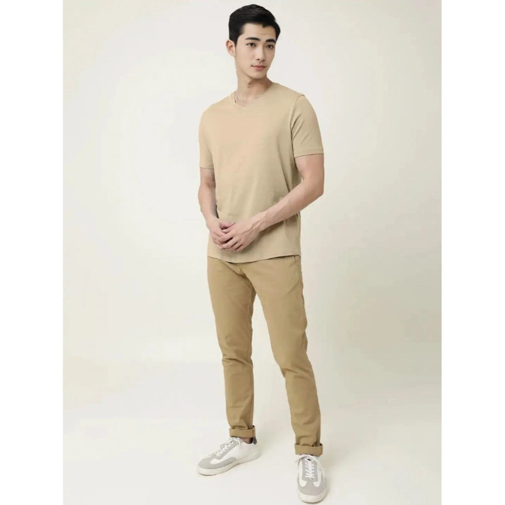 Generic Men's��Casual Half sleeve Solid��Cotton V Neck T-shirt (Beige)