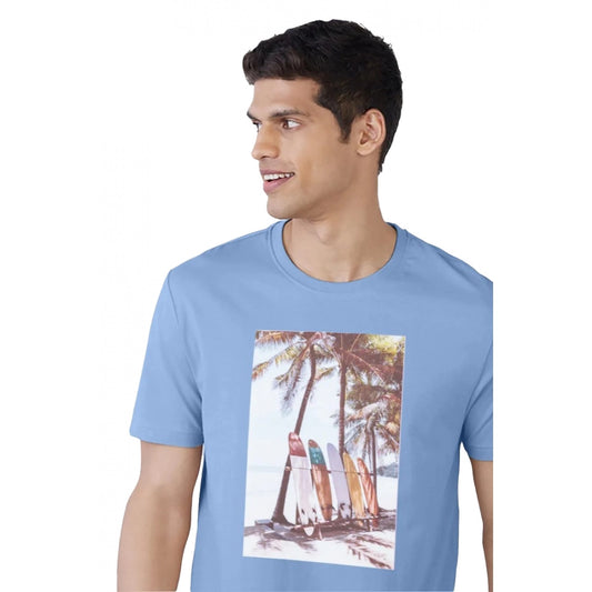 Generic Men's��Casual Half sleeve Digital Printed Cotton Crew Neck T-shirt (Sky Blue)