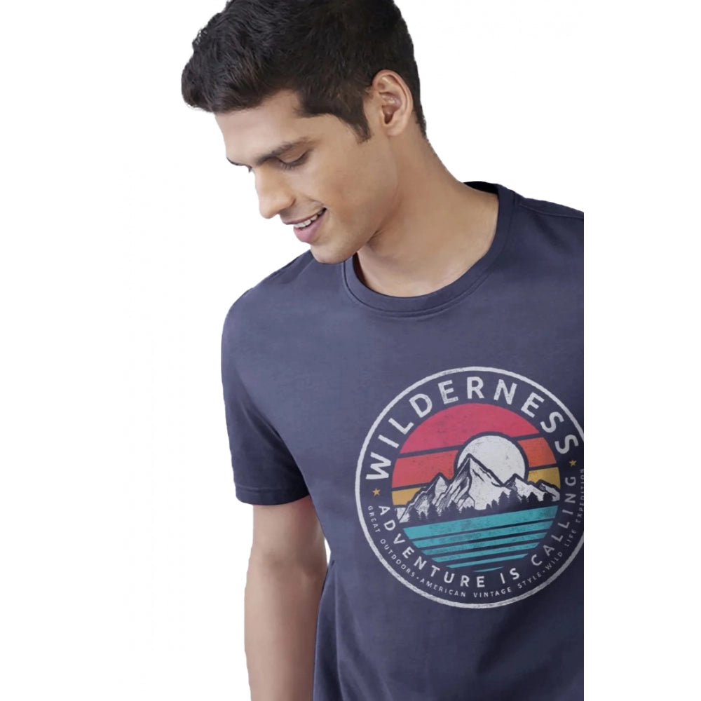 Generic Men's��Casual Half sleeve Printed Polyester Crew Neck T-shirt (Navy)