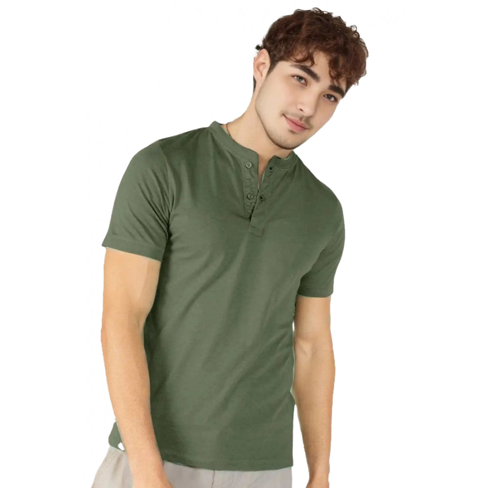 Generic Men's��Casual Half sleeve Solid��Cotton Henley Neck T-shirt (Olive)