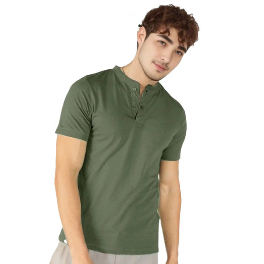 Generic Men's��Casual Half sleeve Solid��Cotton Henley Neck T-shirt (Olive)