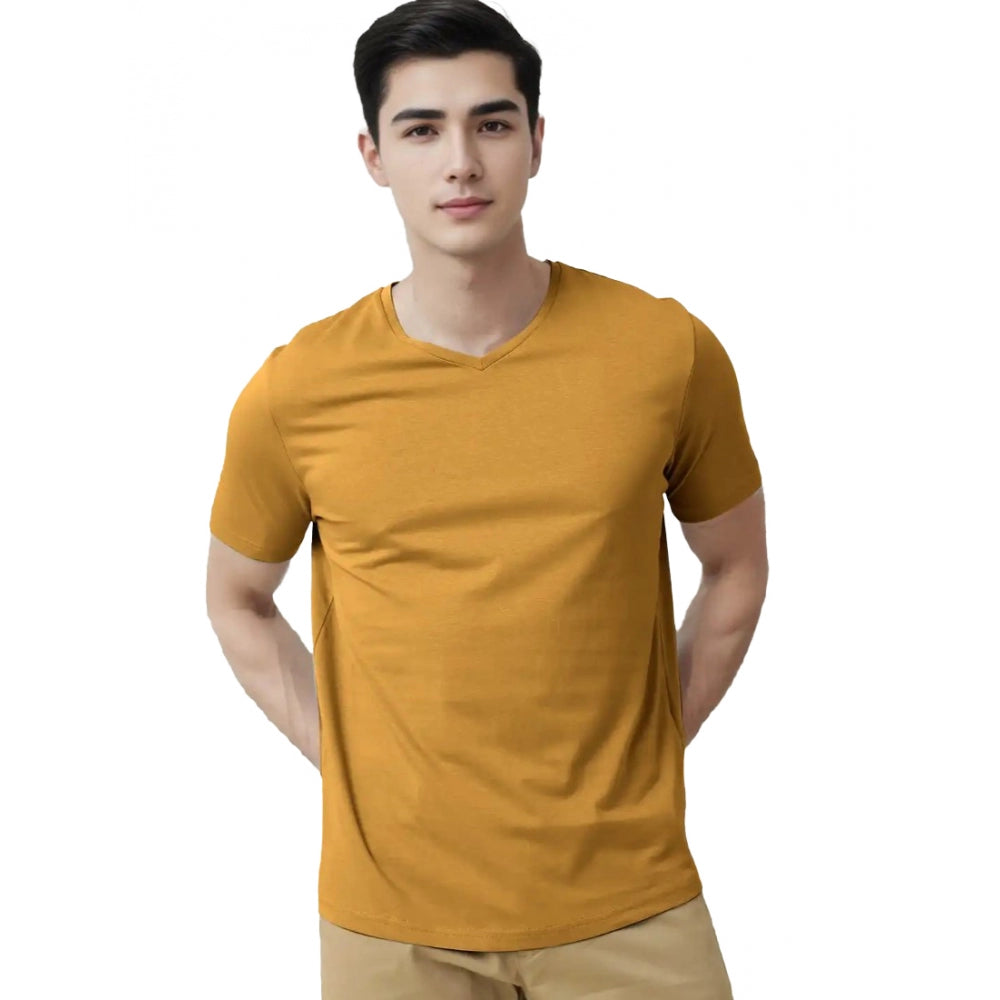 Generic Men's��Casual Half sleeve Solid��Cotton V Neck T-shirt (Mustard��)