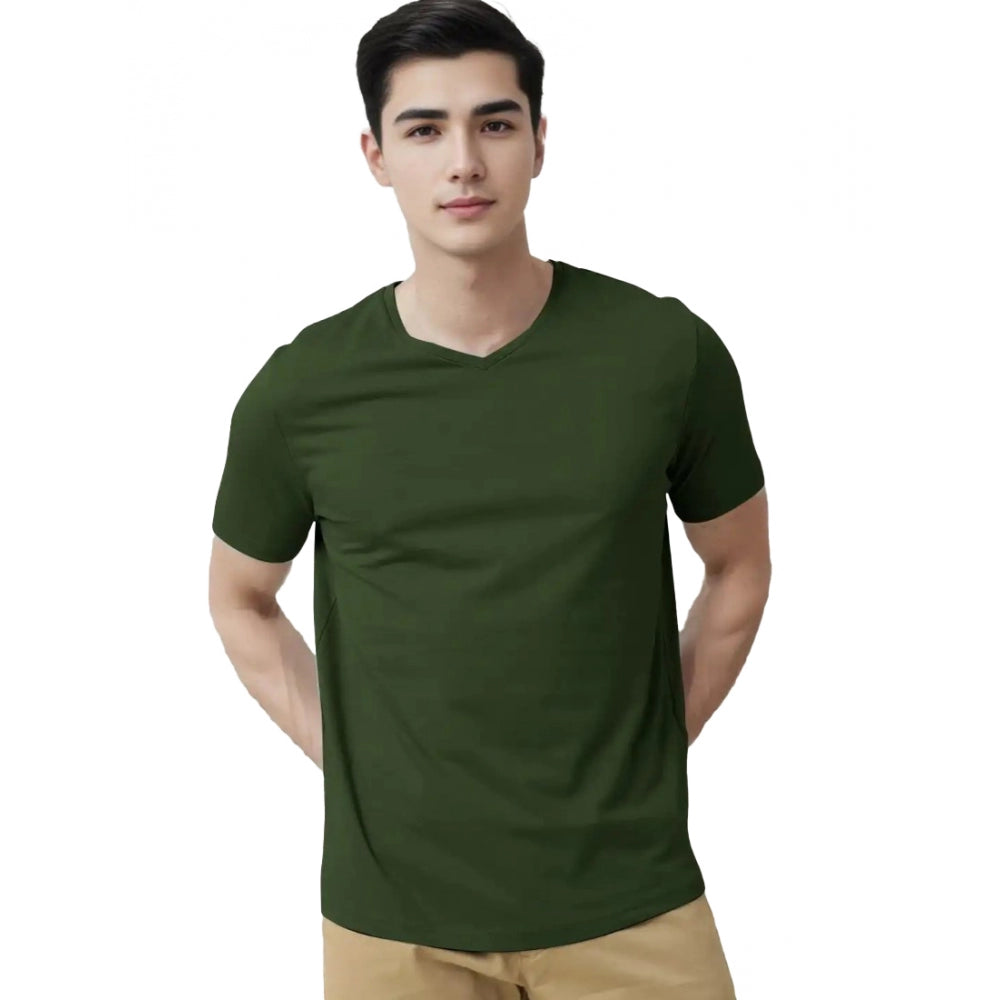 Generic Men's��Casual Half sleeve Solid��Cotton V Neck T-shirt (Olive)