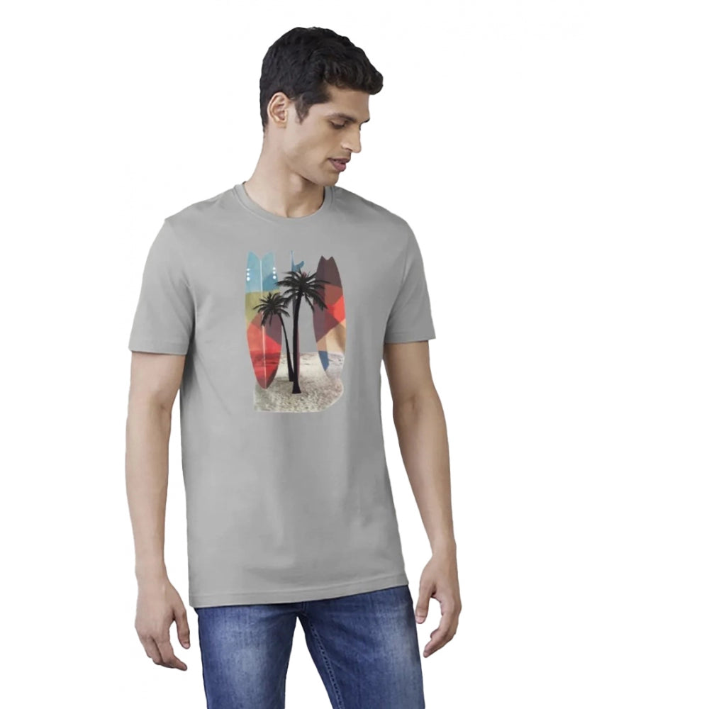 Generic Men's��Casual Half sleeve Printed Polyester Crew Neck T-shirt (Grey)