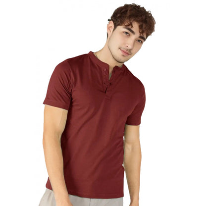 Generic Men's��Casual Half sleeve Solid��Cotton Henley Neck T-shirt (Maroon)