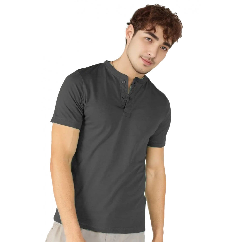 Generic Men's��Casual Half sleeve Solid��Cotton Henley Neck T-shirt (Dark Grey)
