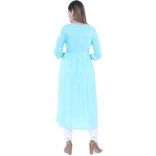Generic Women's Casual 3/4 Sleeve Embroidered Rayon Anarkali Gown (Blue)