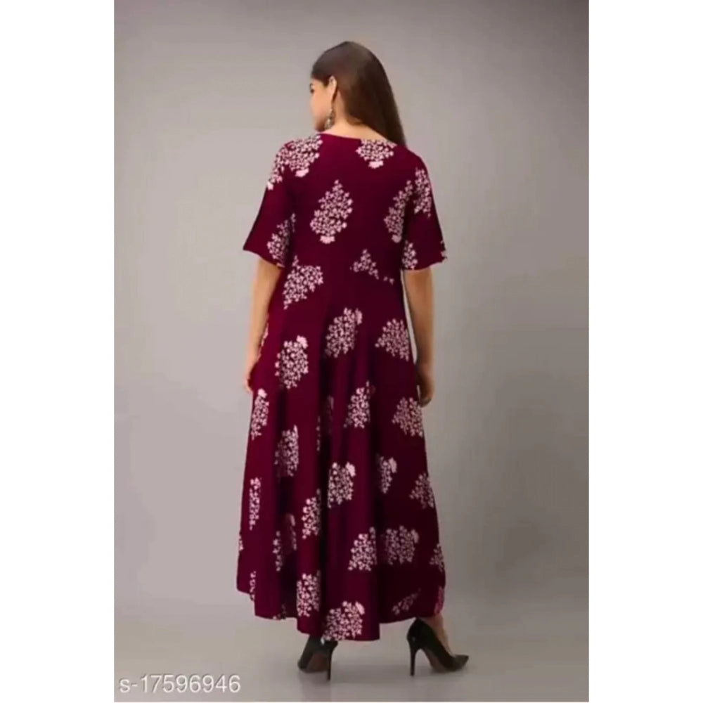 Generic Women's Casual Half Sleeve Floral Printed Rayon Anarkali Gown (Brown)