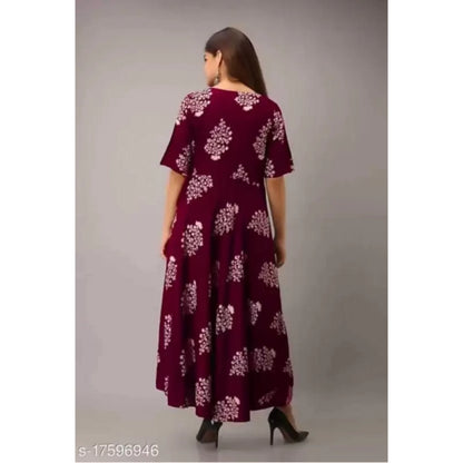 Generic Women's Casual Half Sleeve Floral Printed Rayon Anarkali Gown (Brown)