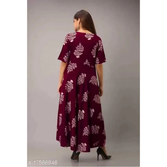 Generic Women's Casual Half Sleeve Floral Printed Rayon Anarkali Gown (Brown)