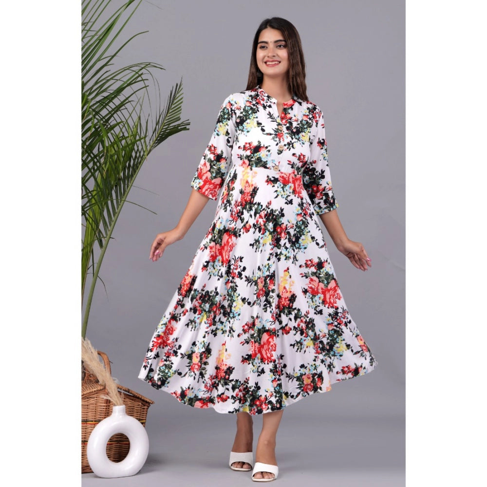 Generic Women's Casual 3/4 Sleeve Printed Rayon Anarkali Gown (White)