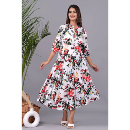 Generic Women's Casual 3/4 Sleeve Printed Rayon Anarkali Gown (White)
