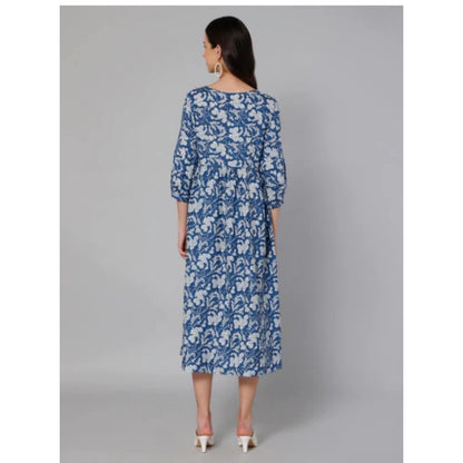 Generic Women's Casual 3/4 Sleeve Printed Poly Creap Anarkali Gown (Blue)