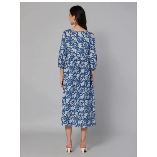 Generic Women's Casual 3/4 Sleeve Printed Poly Creap Anarkali Gown (Blue)