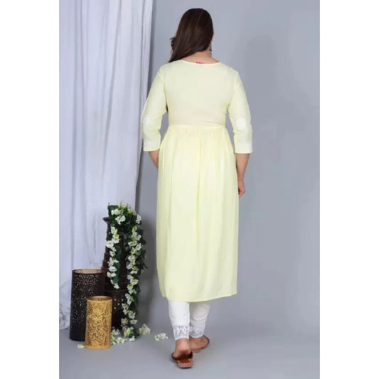 Generic Women's Casual 3/4 Sleeve Embroidered Rayon Anarkali Gown (Yellow)