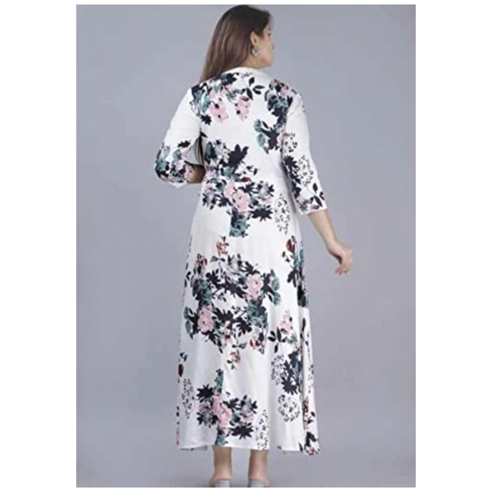 Generic Women's Casual 3/4 Sleeve Printed Rayon Anarkali Gown (White)